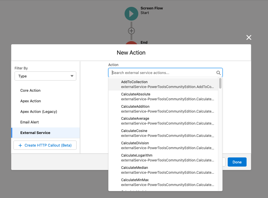 Using external service actions in a Salesforce Visual Flow