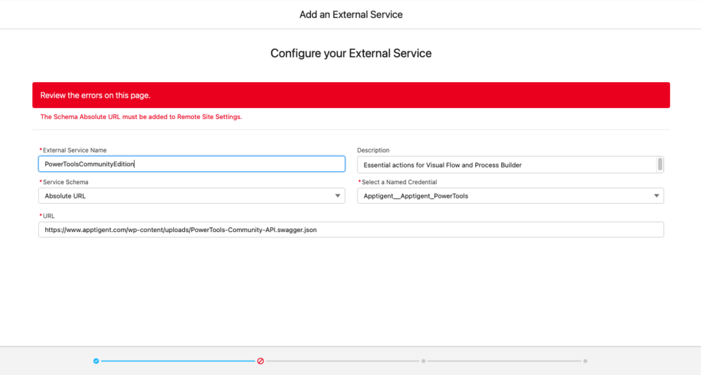 Saleseforce external service error for missing remote site